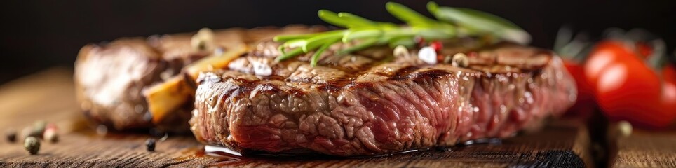 Wall Mural - Juicy grilled steak served on a wooden board garnished with rosemary and cherry tomatoes. Perfect image for culinary and food-related projects.