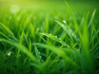 Wall Mural - Grass Fresh green spring grass with dew drops closeu 3