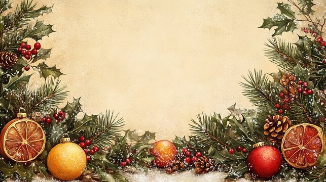 Vintage Christmas background with hand-drawn elements and antique feel