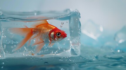 Wall Mural - A lone fish stuck in an ice block