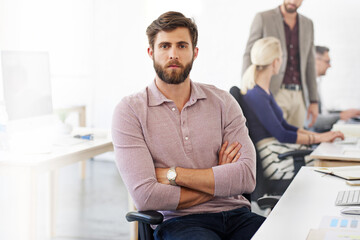Poster - Crossed arms, serious and portrait of businessman in office with confidence for creative career development. Job, journalism and male writer from Canada by desk for pride on project in workplace