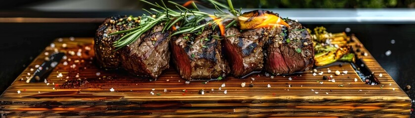 Wall Mural - Succulent grilled steak garnished with rosemary and rosemary, plated on a wooden board, ready to be served. Perfect for culinary presentations.