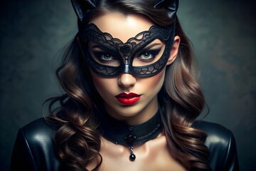 Wall Mural - Sensaul young brunette woman in catwoman mask