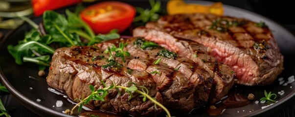 Wall Mural - Two perfectly grilled ribeye steaks served with fresh greens and a side of sliced tomatoes, garnished with thyme.