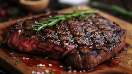 Wall Mural - Juicy grilled steak garnished with herbs, perfect for culinary presentations and mouthwatering recipes.