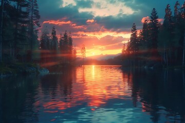 Canvas Print - Sunset Reflection on Still Water with Tall Pine Trees Illustration