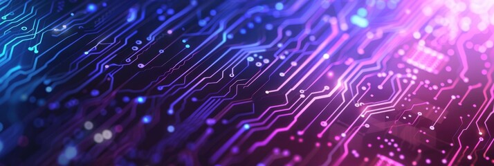 Poster - High-tech abstract background of futuristic circuit board in neon hues, showcasing digital technology.
