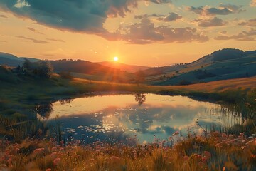 Canvas Print - Sunset Landscape Illustration with Pond and Mountains