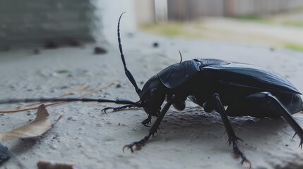 Menacing Black Beetle Crawling on Moss-Covered Ground in Lush Forest