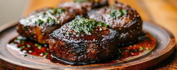 Wall Mural - Succulent grilled steak served on a wooden plate, garnished with herbs and drizzled with sauce, perfect for food lovers.