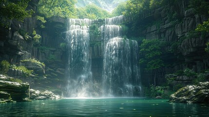 Wall Mural - waterfall, nature landscapes, forest and lake