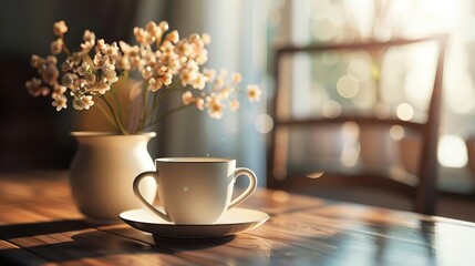 Wall Mural - A cup of coffee and a vase of white flowers on a wooden table bathed in warm sunlight.