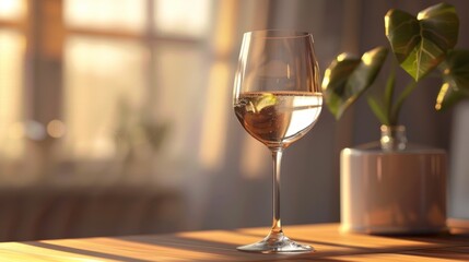 a glass of white wine on a wooden table, backlit by the warm glow of the setting sun. a potted plant