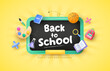 © CheowKeong - Cute back to school background with blackboard design. 3d school concept elements. Vector illustration template for banner, website and promotion.