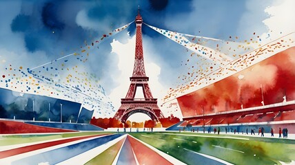 image depicting the Summer Olympic Games in Paris, France, 2024. Focus on a watercolor painting style to illustrate the Eiffel Tower adorned in blue and red, symbolizing the city's vibrant spirit 