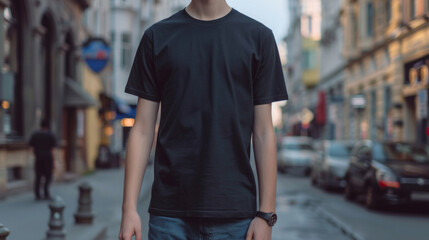 Wall Mural - Young Model Shirt Mockup, Boy wearing black t-shirt on street in daylight, Shirt Mockup Template on hipster adult for design print, AI Generative