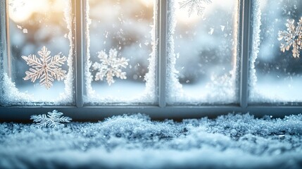 Wall Mural - Winter holiday background with frosted window and snowflakes