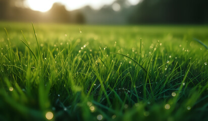 Lush green grass on meadow with drops of water dew in morning