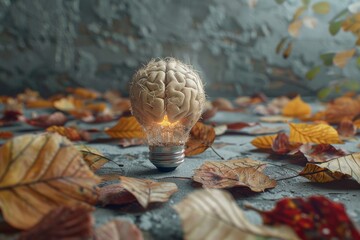 Sticker - Brain Light Bulb with Autumn Leaves Creative Seasonal Art Vibrant Colors Nature and Innovation Concept Modern Design Environmental Inspiration Artistic Expression