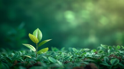 A single sprout emerges from a bed of green leaves, bathed in soft sunlight, symbolizing growth and new beginnings.