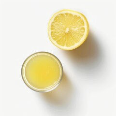 Wall Mural - Medium shot of Lemon juice in a glass near the lemon, isolated on a white background