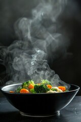 Sticker - Steaming bowl of fresh cooked vegetables in black bowl. Healthy food concept with hot, steamy broccoli, carrots, and cauliflower. Minimalist style.