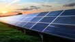 © SITTAKAN - Solar farm across a landscape, renewable energy innovation, front view, ecofriendly power technology, robotic tone, colored pastel, copy space for text