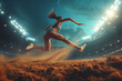 © TRAVELARIUM - Female long jump athlete executing powerful long jump in brightly lit stadium, showcasing strength and agility against dramatic sky, low angle view