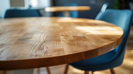 Wall Mural - Close-up of a wooden round table in a bright modern setting.