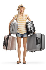 Wall Mural - Young female tourist holding many heavy suitcases