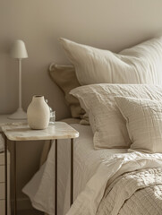 Wall Mural - Minimalist bedroom with white bed linens and a decorative vase.