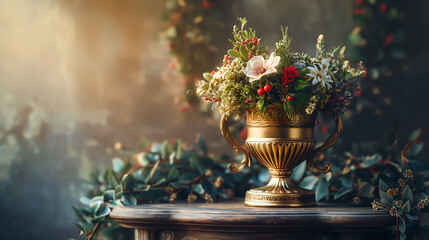 Vintage golden trophy cup decorated with vibrant flowers, Indicating a special celebration
