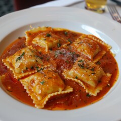 Sticker - Delicious Ravioli Dish in Rich Tomato Sauce. A close-up of a plated classic Italian meal. Ideal for foodies, recipe sites, and culinary photography. 