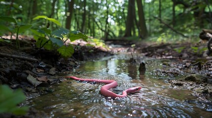 Wall Mural - A pink water snake glides through a creek in the woodland