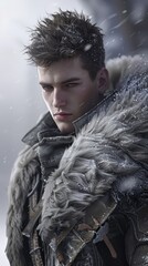 Wall Mural - A handsome model embodies strength in a snowy winter wonderland