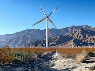 A wind turbine is standing in a field with mountains in the background. Concept of power and energy, as the wind turbine harnesses the natural force of the wind to generate electricity