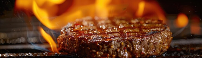 Wall Mural - Juicy grilled steak on a flaming barbecue grill, showcasing mouthwatering char marks and a delicious sear, perfect for food enthusiasts.