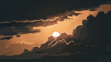 Poster - A sunset over a dark landscape with clouds and mountains, AI