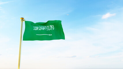 Flag of Saudi Arabia waving in the wind, sky and sun background. Saudi Arabia Flag. Ultra Hd.