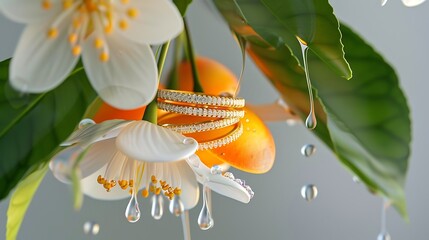 Poster - A set of loyalty bands perched above an orange blossom with drips set with gems