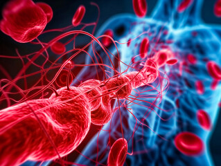 Wall Mural - A red and blue image of a blood vessel with red blood cells