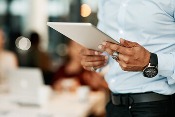 Poster - Businessman, hands and tablet in office for reading with design plan, info and keyword strategy. Male seo manager, digital tech and check website traffic, email marketing and search engine ranking