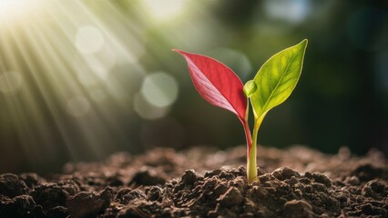 Poster - A small plant sprouting from the ground with sunlight shining through, AI