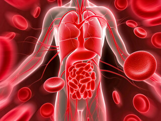 Wall Mural - A person's internal organs are shown in red, with the blood vessels and red blood cells visible. Concept of life and vitality, as the red color of the blood and organs is associated with energy