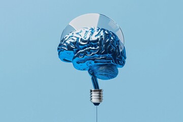 Poster - Floating Blue Brain Light Bulb Creative Abstract Art Modern Illustration Intelligence and Innovation Simple Design