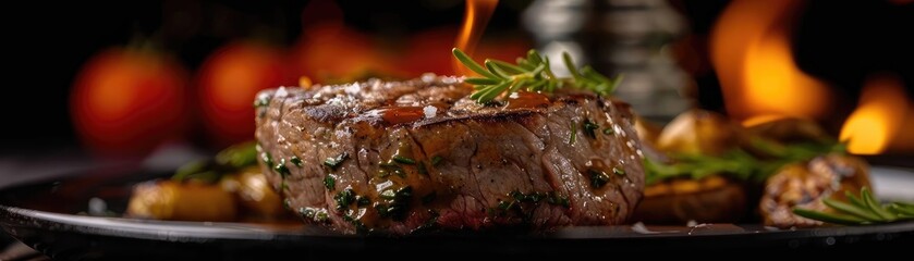 Wall Mural - Close-up of a succulent, grilled steak garnished with rosemary, with a background of fire light. Perfect for culinary and food-related visuals.