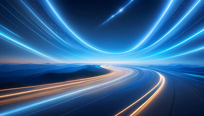 Wall Mural - Bright blue sky light trails curve dynamically against a dark background.