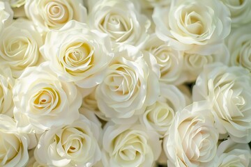 top view of numerous artificial white roses in blurred background