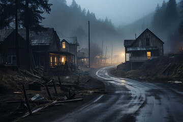 Ghostly Whispers: A solitary road winds through an abandoned mining town, shrouded in eerie fog and the remnants of a bygone era. 