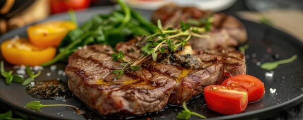 Wall Mural - Grilled steak garnished with herbs, fresh tomatoes, and greens on a plate, offering a delicious and appetizing meal presentation.